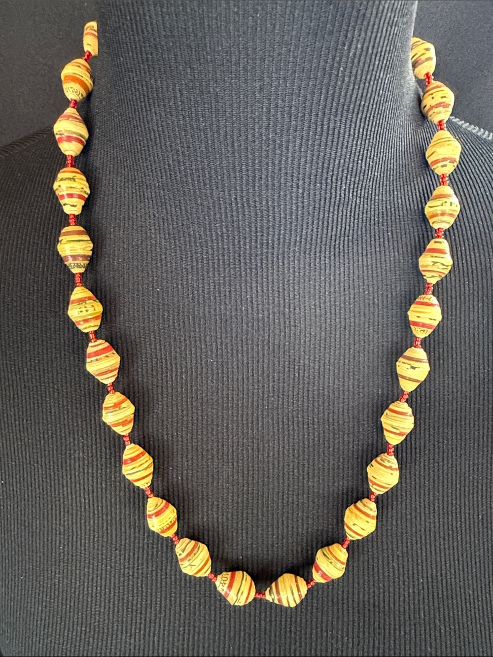 Handmade African Yellow Paper trade Bead Necklace with Red Accents